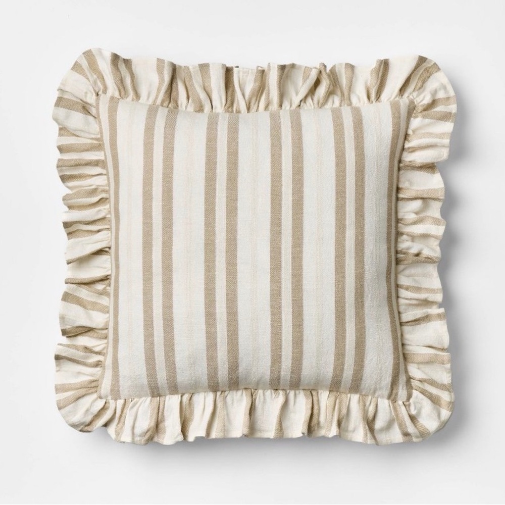 Viral Square Woven Stripe Throw Pillow with Ruffle Taupe/Ivory- Studio McGee